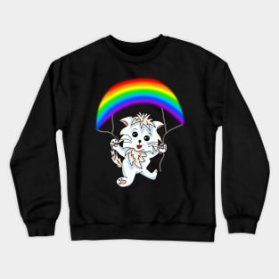 Cartoon Cat with a Rainbow Parachute Crewneck Sweatshirt